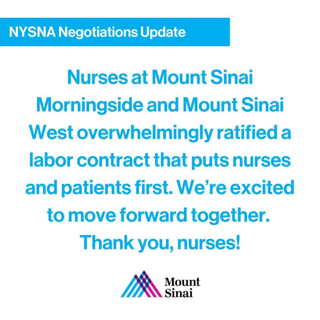 Nurses at @mountsinaimorningside and @mountsinaiwest overwhelmingly ratified a l...