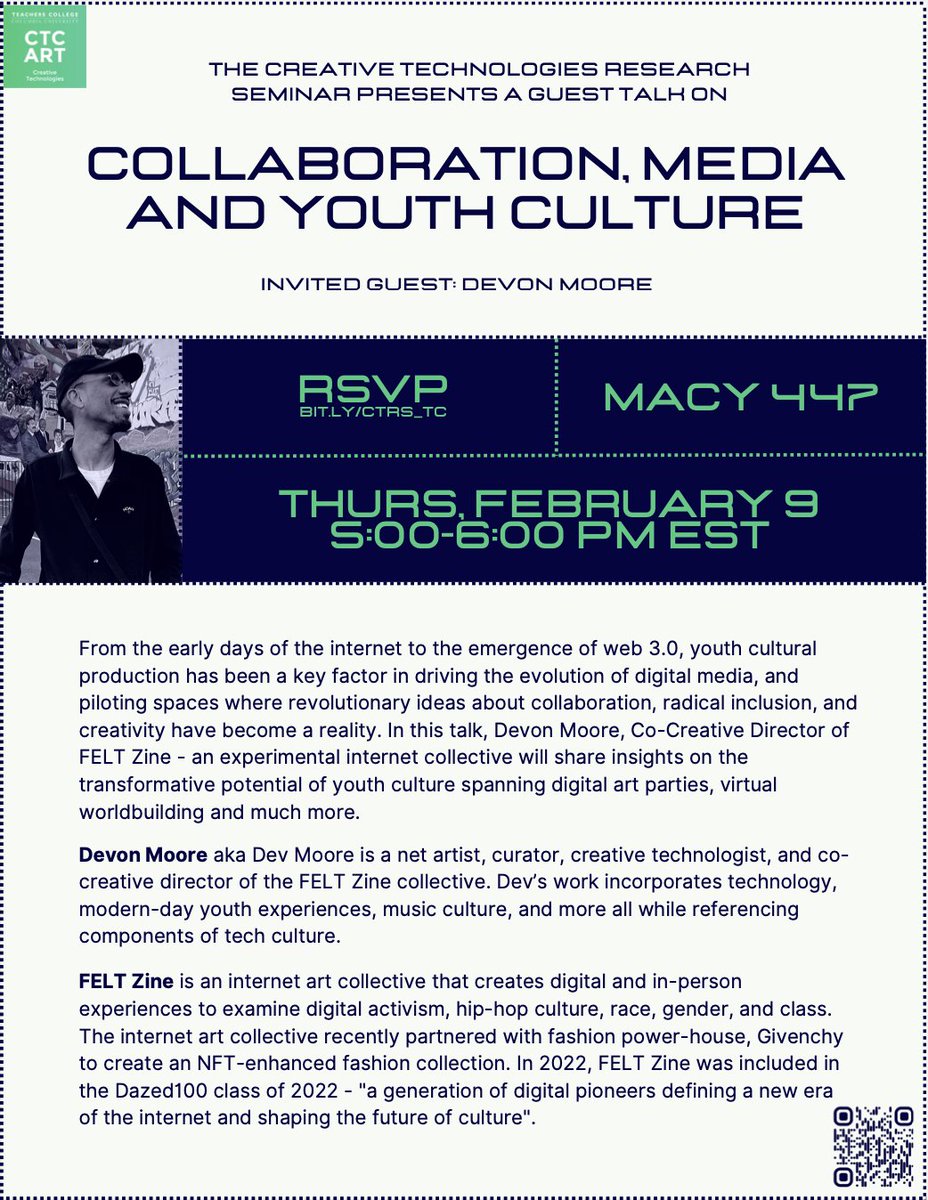 Feb. 9: guest talk on collaboration, media & youth culture with dev moore join